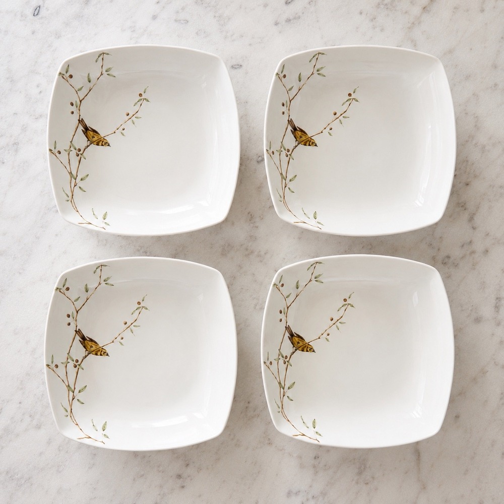 222 Fifth Early Bird Fine China Square Soup Bowls Set of 4 Yellow Bird Pattern